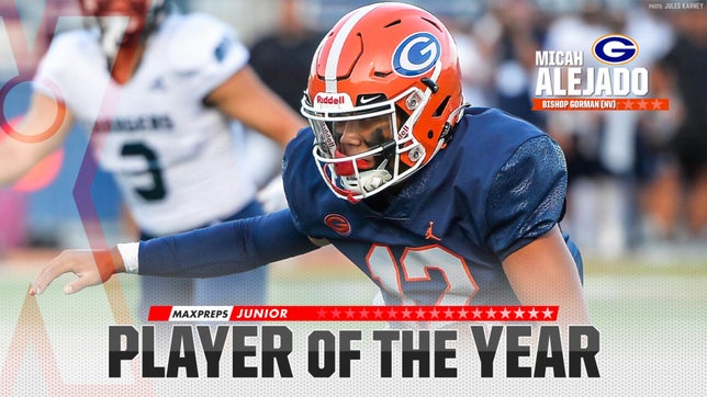 Bishop Gorman's (Las Vegas, NV) 3-star quarterback Micah Alejado was named the 2022 MaxPreps National Junior Player of the Year after leading the Gaels to a 14-1 record and a No.4 spot in the final MaxPreps Top 25. He threw for 3,575 yards and had 54 touchdowns compared to only 2 INT's while completing over 75% of his passes.
