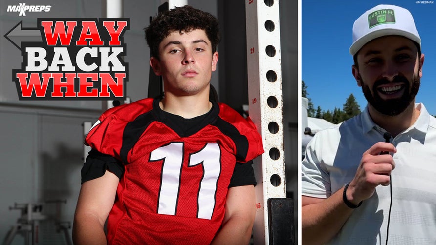 Baker Mayfield reacts to his high school football photoshoot at the American Century Championship in Lake Tahoe.