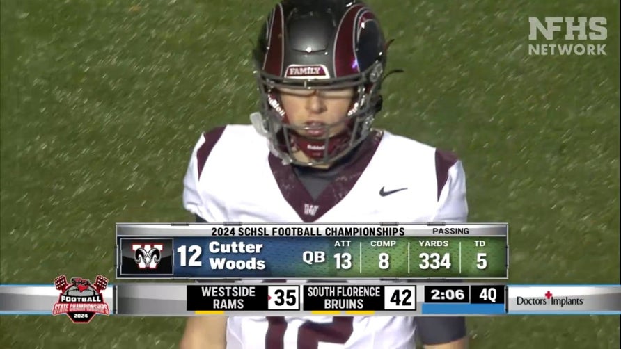 Highlights of Westside's (Anderson, SC) 3-star quarterback Cutter Woods in a 42-41 loss against South Florence (Florence, SC) in the 4A state championship game. Woods completed 11 of 19 passes for 421 yards and six touchdowns while adding 42 yards on the ground.