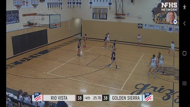 Golden Sierra and Rio Vista were tied 38 to 38 with 27 seconds left in the game.  Zofia Bradford passwd to Mary Nicole Turnwr who fought hard to keep possession.  In doing so, she fell and had a split second to realize Scarlet Harvey was open for a falling pass.  Scarlet made her 2 point shot leading the team to victory.