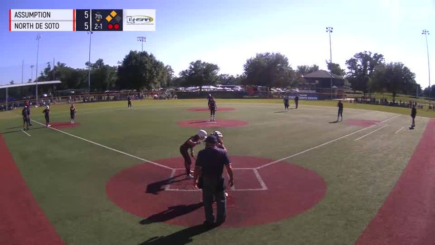 Kinsley Coleman lays down the bunt to bring home Maddy Stringer as North DeSoto captures a state title.