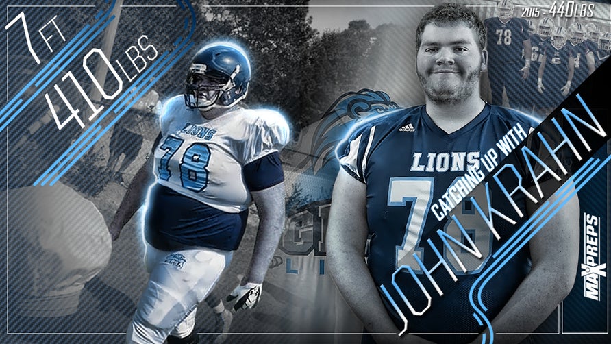 World's largest football player. 7-Foot, 440-Pound Lineman John Krahn from King High in Riverside, CA towers over opponents and now plays at Georgia Prep Sports Academy in Decatur, GA.