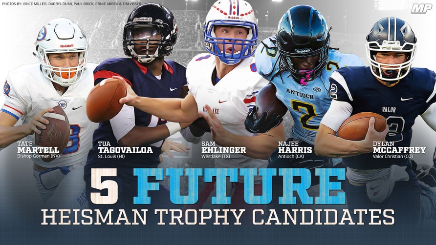 Bishop Gorman's (NV) Tate Martell, Antioch's (CA) Najee Harris, Valor Christian's (CO) Dylan McCaffrey, St. Louis' (HI) Tua Tagovailoa, and Westlake's (TX) Sam Ehlinger top the list for the five most likely candidates to win the Heisman Trophy at the next level.