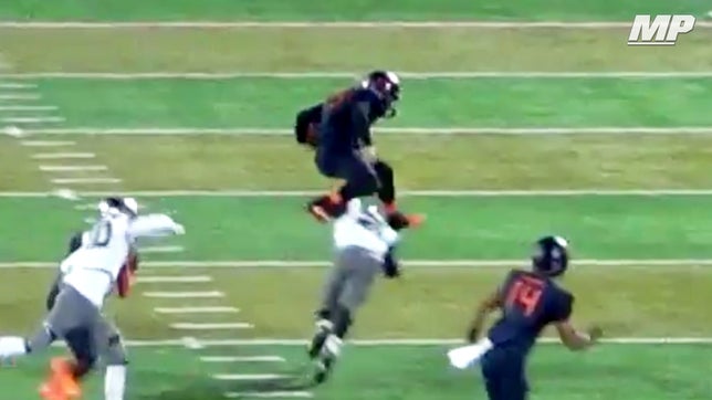 Bishop Gorman's (NV) 4-star quarterback Tate Martell hurdles over a defender and takes it 60-yards down the sideline and in the second run spins out of a couple tackles and takes it to the house.