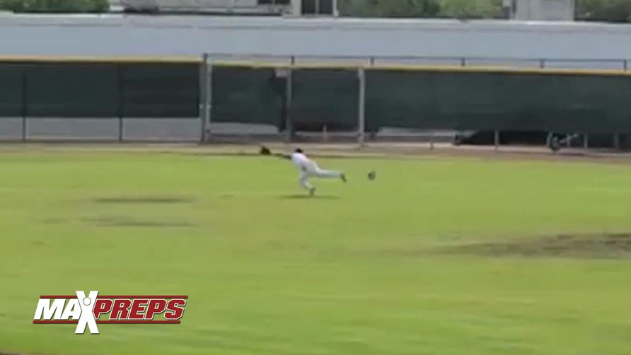 Walnut (CA) High School's Andy Coronado makes a great catch in centerfield for the final out in a 4-1 win over Temescal Canyon to advance to the quarterfinals of the CIF Southern Section playoffs.