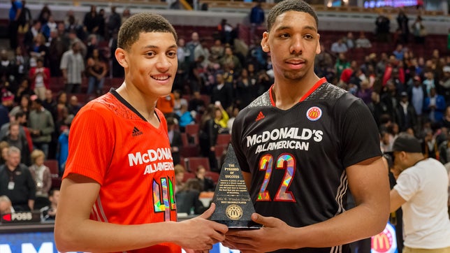 Highlights of past MVP's from the McDonald's All American game featuring Kevin Garnett (1995), LeBron James (2003), Dwight Howard (2004), Kevin Durant (2006), Derrick Favors (2009), Harrison Barnes (2010), James Michael McAdoo (2011), Aaron Gordon (2013), Justin Jackson (2014), and Jahlil Okafor (2014).
