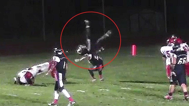 Markus Guy of Independence (WV) defies gravity and performs an epic backflip/sideflip into the end zone.