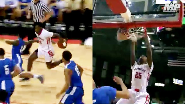 Bolingbrook's (IL) Kaleb Thornton comes up with the steal and misses the layup after a nice behind-the-back move but Nana Akenten is there to finish on the putback dunk.
