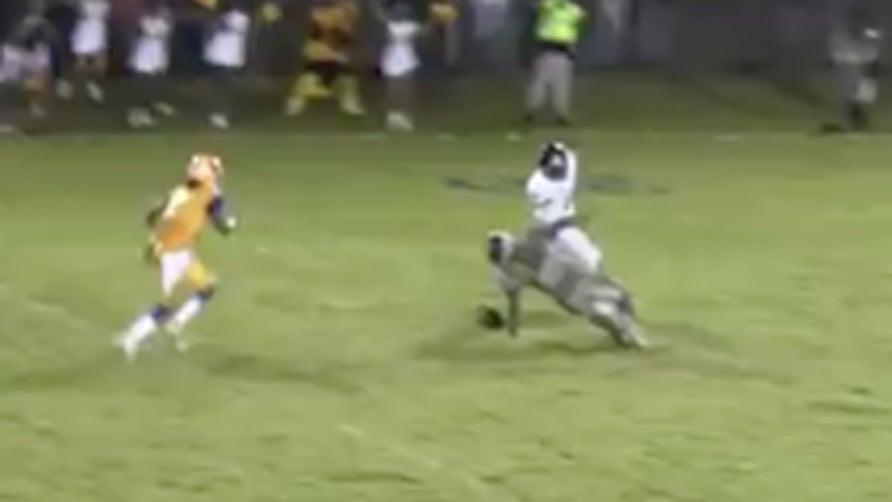 Mississippi State commit and 4-star running back Kylin Hill trips and fumbles when all alone.  Don't worry as he picks it up and takes it into the endzone.