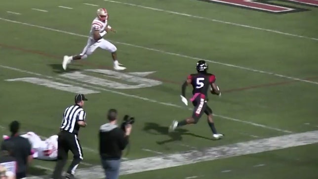 Corona Centennial's (CA) Jaylan Shaw makes an easy interception then jukes a couple would-be tacklers and takes it back for six.