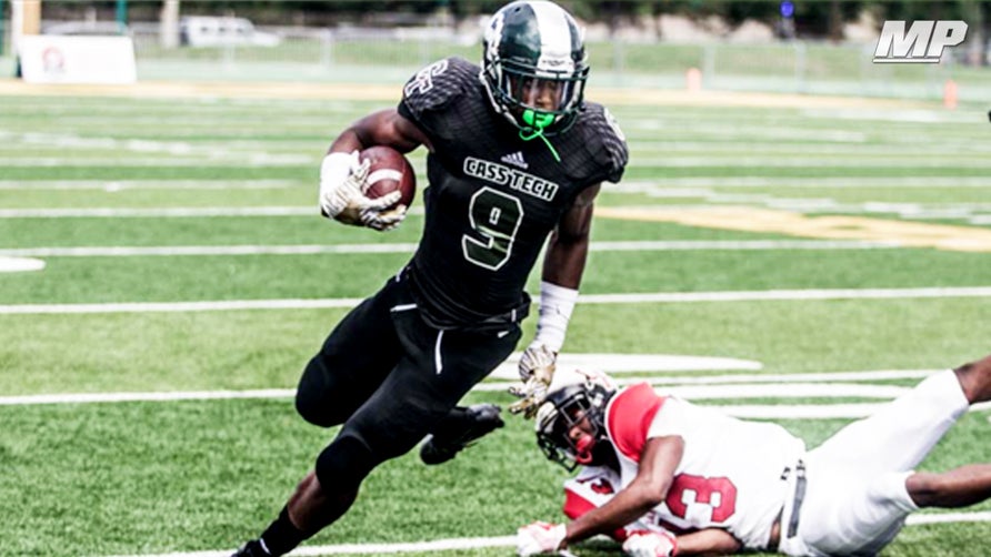 Cass Tech's (MI) 5-star wide receiver Donovan Peoples-Jones shows why he is the No. 1 wide receiver in the 2017 class against Pershing (MI). He had two punt return touchdowns, a touchdown pass, a touchdown reception, and an interception in the first half alone.
