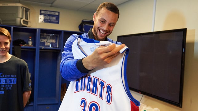 View images of two-time NBA MVP Stephen Curry's high school jersey retirement ceremony at Charlotte Christian (N.C.).