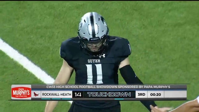 Highlights of No. 18 Denton Guyer's (Denton, TX) 47-14 win over Rockwall-Heath (Rockwall, TX). Five-star quarterback Jackson Arnold accounted for four scores while 2023 Notre Dame commit Peyton Bowen had a pick-six and 4-star 2024 athlete Eli Bowen had a forced fumble, fumble return for a score and a 18-yard touchdown reception.