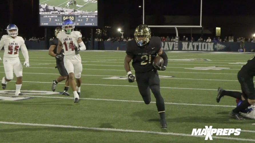 Highlights of No. 4 St. John Bosco's (Bellflower, CA) 63-38 win over Los Alamitos (CA) in the opening round of the CIF Southern Section Division 1 playoffs. The Braves rushed for 588 yards as Rayshon "Speedy" Luke (249 yards, 3 touchdowns), Jabari Bates (194 yards, 2 touchdowns) and Michael Hayes (140, 1 touchdown) all eclipsed the century mark on the ground.