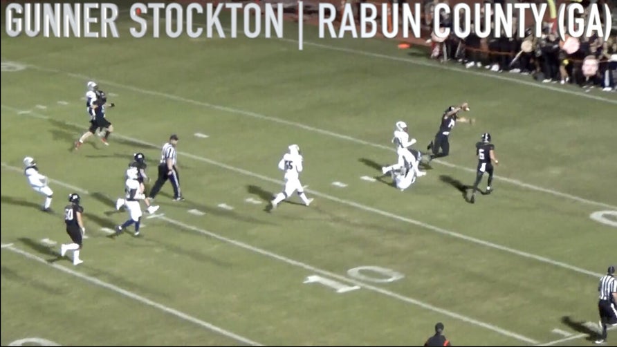 Senior season highlights of Rabun County's (GA) 4-star quarterback Gunner Stockton. Through his first nine games this season he has thrown for 2,927 yards and has 39 touchdown passes to only one interception. He has also rushed for 598 yards and nine scores.