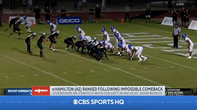Zack Poff joins Amanda Guerra on CBS HQ to break down Hamilton's (AZ) crazy comeback win over Bishop Gorman (NV). Nicco Marchiol led the Huskies to 18 points in the final 1:05 to pull off the 25-24 win. Hamilton checks in at No. 18 in the Top 25 and Bishop Gorman fell to No. 20.