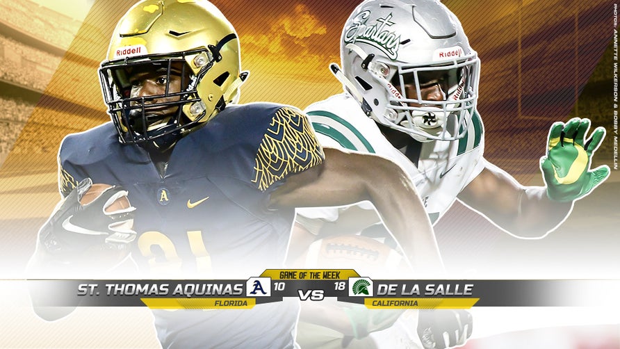 Four Top 25 matchups are featured in this week's slate that include No. 10 St. Thomas Aquinas (FL) @ No. 18 De La Salle (CA), No. 12 Corona Centennial (CA) @ No. 1 Mater Dei (CA), No. 2 St. Frances Academy (MD) @ No. 9 Miami Central (FL) and No. 21 DeMatha (MD) @ No. 3 St. John Bosco (CA).