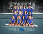 Western Christian Fighting Lancers Girls Varsity Tennis Fall 19-20 team photo.