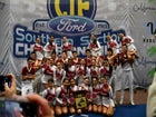 Downey Vikings Co-ed Varsity Cheer Winter 22-23 team photo.